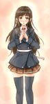  black_legwear blush brown_eyes brown_hair highres kazeno long_hair original school_uniform sketch skirt solo thighhighs zettai_ryouiki 