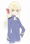  agahari alternate_hairstyle blonde_hair blush bow hair_bow hand_on_hip long_hair military military_uniform no_eyewear perrine_h_clostermann ponytail solo strike_witches uniform world_witches_series yellow_eyes 