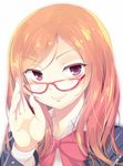  adjusting_eyewear aida_takanobu arm_up bad_id bad_pixiv_id bespectacled blazer bow face glasses hands jacket long_hair love_live! love_live!_school_idol_project nishikino_maki purple_eyes red-framed_eyewear red_hair school_uniform smile solo upper_body 