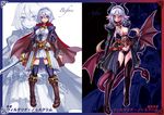  armor before_and_after belt blue_eyes blush boots breasts cape cleavage corruption dark_persona demon_girl demon_wings detached_sleeves dual_persona earrings gauntlets headband horns jewelry kenkou_cross knight looking_at_viewer medium_breasts monster_girl_encyclopedia multiple_girls official_art panties red_eyes skirt succubus succubus_wilmarina sword tail thighhighs thong underwear weapon white_hair wilmarina_noscrim wings 