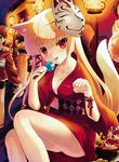  :p bell blonde cat_eyes cat_pose cleavage festival fox_tail hair_ribbon high_res jingle_bell kemonomimi kimono kitsune_mask kitsunemimi licking mask minamura_haruki oppai orange_eyes ribbon solo sweatdrop tail tongue wafuku 