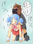  1girl all_fours bad_id bad_pixiv_id bent_over blue_hair closed_eyes doggystyle hair_cubes hair_ornament hetero highres horse_mask naganohara_mio nichijou open_mouth panties panty_pull school_uniform sex skirt striped striped_panties tears tokisadame_school_uniform translated trembling twintails underwear yu_tin 