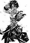  blurry camouflage camouflage_tank_top depth_of_field fighting_stance foreshortening frown gesture gloves greyscale justice_gakuen kazama_akira monochrome nadzomi_viro open_mouth shiritsu_justice_gakuen short_hair sketch solo tank_top tomboy 