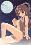  absurdres breasts brown_hair cleavage copyright_request full_moon highres legs medium_breasts moon mouth_hold naked_towel onsen ponytail purple_eyes solo towel tsukigami_runa 