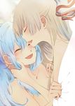  blue_hair closed_eyes couple fujiwara_no_mokou happy kamishirasawa_keine lips long_hair multiple_girls nude shinoasa silver_hair smile touhou under_covers upper_body yuri 