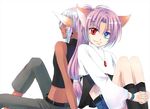  blue_eyes both_genders dark_skin hayakamu heterochromia kemonomimi necklace nekomimi pants pink_hair pointed_ears red_eyes sitting sleeveless smile socks 