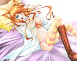  animal_ears bed between_breasts blue_eyes boots breasts cat_ears copyright_request covered_nipples d: ears hanasaki large_breasts lying nipples no_bra no_pants open_mouth orange_eyes panties pillow pink_panties see-through striped striped_legwear thighhighs underwear 