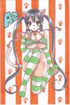  animal_ears arm_warmers bare_shoulders bell bell_collar black_hair breasts brown_eyes cat_ears cat_tail cleavage collar jingle_bell k-on! kemonomimi_mode large_breasts long_hair marker_(medium) nakano_azusa no_panties paws rodeorodeo solo striped striped_legwear tail thighhighs traditional_media twintails 