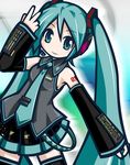  aqua_eyes aqua_hair chibitami detached_sleeves hatsune_miku headphones long_hair necktie skirt sleeveless_shirt smile tattoo thighhighs twin_tails vocaloid zettai_ryouiki 