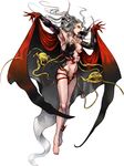  1girl absurdres barefoot cape cloud_of_darkness dissidia_final_fantasy duplicate final_fantasy final_fantasy_iii highres lipstick makeup nail_polish nomura_tetsuya official_art simple_background solo white_hair 