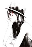  bare_shoulders blush bow chin_rest glasses hat hat_bow long_hair monochrome original porkpie_hat red-framed_eyewear solo sousou_(sousouworks) spot_color 