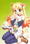  1girl animal_ears artist_request blonde_hair blue_eyes cheese collar copyright_request eating food fox_ears green_eyes green_hair miniboy mouse_ears paw_print tail thighhighs 