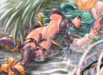  asymmetrical_wings boots bow breasts cleavage dizzy green_hair guilty_gear large_breasts leather miwa_yoshikazu navel pubic_tattoo ribbon solo strapless_bottom tail tail_ribbon tattoo thigh_strap thighhighs underboob water wings 