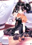  :3 absurdres animal_ears ankle_garter ankleband black_hair bow brown_eyes cat_ears cat_tail highres looking_at_viewer original sitting smile solo spoon sumomo_kpa tail thighhighs twintails zettai_ryouiki 