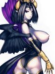  ass bat bat_wings black_hair blue_eyes breasts digimon digimon_xros_wars eyeshadow fumio_(rsqkr) gauntlets horns large_breasts lilithmon makeup pointy_ears short_hair sideboob simple_background slender_waist solo thighhighs topless wings 