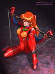  bdsm blue_eyes bodysuit bondage bound long_hair neon_genesis_evangelion orange_hair plugsuit rope shibata_masahiro solo souryuu_asuka_langley spreader_bar 