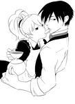  1girl apron bow bowtie butler cookie couple cup darker_than_black eating food formal greyscale hei hetero imminent_kiss maid monochrome ponytail saneie sleeves_rolled_up suit teacup teapot yin 