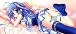  absurdres ahoge ass blue_eyes blue_hair breasts hair_ornament highres hinamatsuri_touko long_hair lying lyrical_nanoha mahou_shoujo_lyrical_nanoha_strikers medium_breasts no_bra on_stomach open_clothes open_skirt panties panty_pull reinforce_zwei side-tie_panties single_thighhigh skirt solo striped striped_panties thighhighs underwear x_hair_ornament 