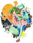  ahoge bad_id bad_pixiv_id blue_legwear blush garter_belt green_hair hair_ribbon hat heart high_heels key macross macross_frontier musical_note necktie open_mouth polka_dot polka_dot_legwear ranka_lee red_eyes ribbon shoes short_hair solo star tamari_(flawless) thighhighs wrist_cuffs 