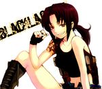  black_lagoon brown_eyes brown_hair cigarette fingerless_gloves gloves gun handgun holster ponytail revy_(black_lagoon) shirt shoulder_holster sleeveless sleeveless_shirt smile solo tattoo weapon yonko 