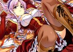  boots braid breasts cleavage cosplay dress eun_ami freezing highres kim_kwang_hyun large_breasts legs legs_up manga_(object) official_art satellizer_el_bridget satellizer_el_bridget_(cosplay) school_uniform short_dress side_braid smile solo thighhighs thighs unbalance_unbalance 