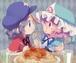  beret blue_dress blue_eyes blue_hair cup dress drinking_glass eye_contact face-to-face food food_on_face fork hat imminent_kiss jiangshi lady_and_the_tramp looking_at_another miyako_yoshika multiple_girls ofuda oto pasta pink_eyes pink_hair plate saigyouji_yuyuko spaghetti spoon touhou 