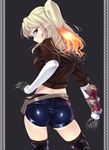  ass blonde_hair blue_eyes boots cropped_jacket elf fiery_hair from_behind glasses gloves looking_back mabinogi midriff multicolored_hair nksk pointy_ears shiny shiny_clothes short_shorts shorts side_ponytail standing thigh_boots thighhighs 