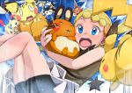  1girl absurdres blonde_hair blue_eyes blush body_blush cloud commentary_request day dedenne emolga eureka_(pokemon) falling feet_out_of_frame gen_1_pokemon gen_2_pokemon gen_3_pokemon gen_4_pokemon gen_5_pokemon gen_6_pokemon giji_eizan hair_ornament highres holding holding_pokemon legs_together minun motion_lines open_mouth outdoors pichu pikachu plusle pokemon pokemon_(anime) pokemon_(creature) pokemon_xy_(anime) rotom shiny shiny_skin sky tongue 