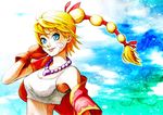  beads blonde_hair blue_eyes chrono_cross crop_top facial_mark gloves high_ponytail jewelry kid_(chrono_cross) long_hair multi-tied_hair necklace pavelnedved11 ponytail sleeveless smile solo vest 