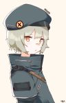  1girl bandaid bandaid_on_nose bangs beret black_jacket black_sleeves brown_eyes character_name commentary_request eyebrows_visible_through_hair girls_frontline green_jacket grey_hair hair_between_eyes hat highres hs2000_(girls_frontline) jacket long_sleeves looking_at_viewer popped_collar shirt simple_background sling_(weapon) solo tosyeo white_background 