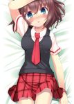  :o blush bracelet character_request green_eyes jewelry komone_ushio lying necktie open_mouth plaid plaid_skirt school_uniform skirt solo sweater_vest triagain triangle! 