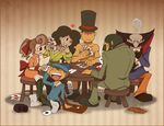  4boys blush card don_paolo flora_reinhold heart hershel_layton holding holding_card inspector_chelmey laughing luke_triton lying_card multiple_boys multiple_girls nude poker professor_layton remi_altava simple_background strip_game strip_poker zillabean 