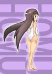  akemi_homura back barefoot black_hair blush feet legs long_hair mahou_shoujo_madoka_magica mizugi one-piece_swimsuit oshiri posterior_cleavage purple_eyes 