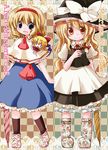  alice_margatroid blonde_hair blue_eyes boots braid capelet checkered checkered_background closed_umbrella doll dress floral_print futami_yayoi hat kirisame_marisa multiple_girls orange_eyes print_footwear shanghai_doll standing touhou umbrella witch witch_hat yellow_eyes 