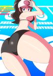  ass baseball_cap bikini blue_eyes breasts brown_hair english female hat long_hair looking_back nnn pokemon pokemon_(game) pokemon_black_and_white pokemon_bw ponytail solo swimsuit touko_(pokemon) white_(pokemon) 