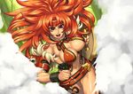  abs armor big_hair breasts cleavage eiwa fog headband highres large_breasts long_hair muscle open_mouth queen's_blade red_hair risty running shield smile solo tattoo 