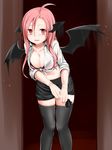  ahoge bat_wings black_legwear blush bra breasts cleavage commentary_request demon_girl dress_shirt flapping head_wings highres koakuma large_breasts leaning_forward lingerie long_hair miki_purasu open_clothes open_mouth open_shirt pink_bra pink_hair red_eyes red_hair shirt skirt sleeves_rolled_up solo thighhighs touhou underwear wet wet_clothes white_shirt wings wringing_clothes zettai_ryouiki 