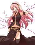  bare_shoulders headphones kanata_(sentiment) kneehighs listening_to_music long_hair megurine_luka midriff musical_note navel pink_hair solo vocaloid 