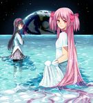  akemi_homura black_hair closed_eyes dress earth gloves kaname_madoka long_hair mahou_shoujo_madoka_magica meiko_(puua) multiple_girls pantyhose pink_eyes pink_hair spoilers tears two_side_up ultimate_madoka very_long_hair wading water wet wet_clothes 