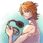  alternate_hairstyle aqua_eyes bad_id bad_pixiv_id blue_eyes brief_(psg) freckles headphones koga_(yamazaki) male_focus manly orange_hair panty_&amp;_stocking_with_garterbelt red_hair shirtless smile solo 