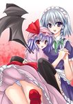  bad_id bad_pixiv_id bat_wings blue_panties bow braid hair_bow hat holding_hands izayoi_sakuya lavender_hair looking_at_viewer looking_back maid maid_headdress multiple_girls open_mouth panties purple_eyes red_eyes remilia_scarlet short_hair silver_hair smile striped striped_panties touhou twin_braids underwear upskirt utakata_(kochou_no_yume) wings 