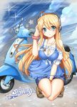  akg blonde_hair blue_eyes blush breasts cleavage cleavage_cutout ground_vehicle headphones highres large_breasts legs long_hair miyuki_rei motor_vehicle original scooter solo thighs 