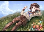  bad_id bad_pixiv_id banned_artist blue_eyes blue_sky blush brown_hair brown_legwear cloud day eyewear_removed flower glasses grass holding holding_eyewear letterboxed lying on_back on_ground one_eye_closed original outdoors pantyhose paseri short_hair sky solo twintails 