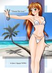  beach bikini fang green_eyes long_hair navel orange_hair original palm_tree side-tie_bikini solo swimsuit tree yuuse_kouichi 