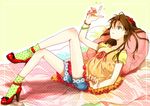  bad_id bad_pixiv_id bed blue_eyes bracelet brown_hair casual dress fashion hair_ornament high_heels jewelry long_hair lying matsuko nail_polish neon_genesis_evangelion one_eye_closed pillow polka_dot red_nails shoes shorts socks solo souryuu_asuka_langley 