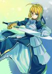  ahoge armor armored_dress artoria_pendragon_(all) blonde_hair dress excalibur fate/stay_night fate_(series) faulds gauntlets green_eyes hair_ribbon highres lamian_(pixiv415608) puffy_sleeves ribbon saber solo sword weapon 