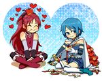  apple bad_id bad_pixiv_id blue_hair cape closed_eyes eating food fruit gloves heart kamonabe_kamotsu long_hair mahou_shoujo_madoka_magica miki_sayaka multiple_girls object_on_head ponytail red_hair sakura_kyouko short_hair sitting sword weapon 