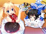  2girls black_hair blonde blue_eyes console game_cg lolita_fashion long_hair luna_lia makita_maki mecha-con! open_mouth purple_eyes sawatari_saki twin_tails xbox yatake_tsubaki 