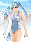  blue_eyes blue_hair can casual_one-piece_swimsuit imaichi_moenai_ko kobe_shinbun long_hair minato_(leap-up) one-piece_swimsuit soda_can solo swimsuit tan tanline towel twintails 