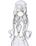  blush dress greyscale hair_ornament hairclip hands_together hat highres long_hair looking_at_viewer monochrome nurse nurse_cap original own_hands_together sakuya_tsuitachi simple_background sketch smile solo 